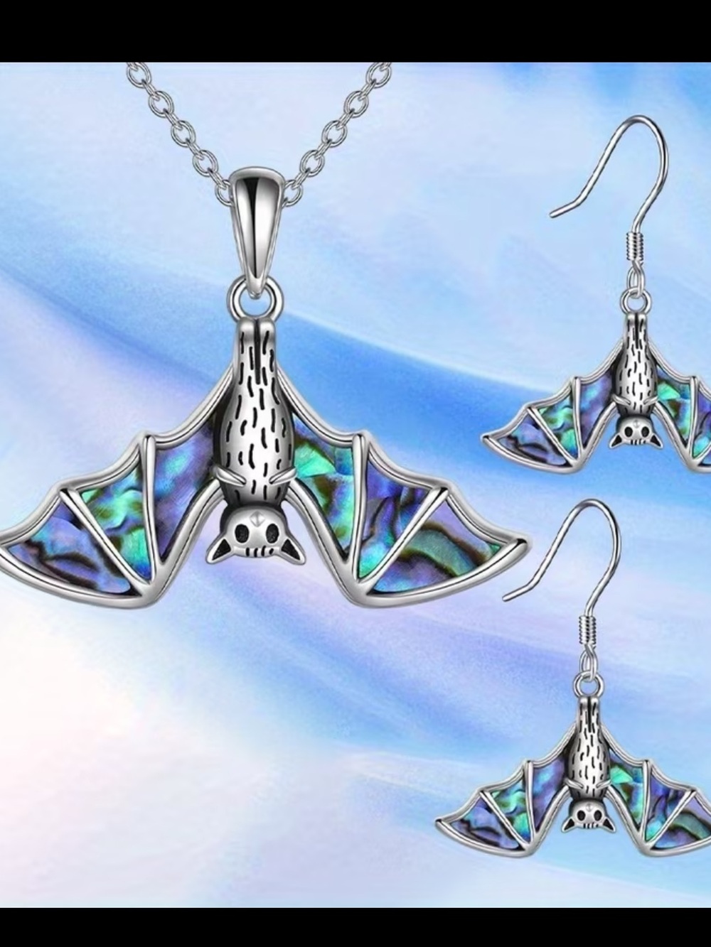 Silver Bat Pendant Necklace and Earrings Set with Iridescent Inlay -